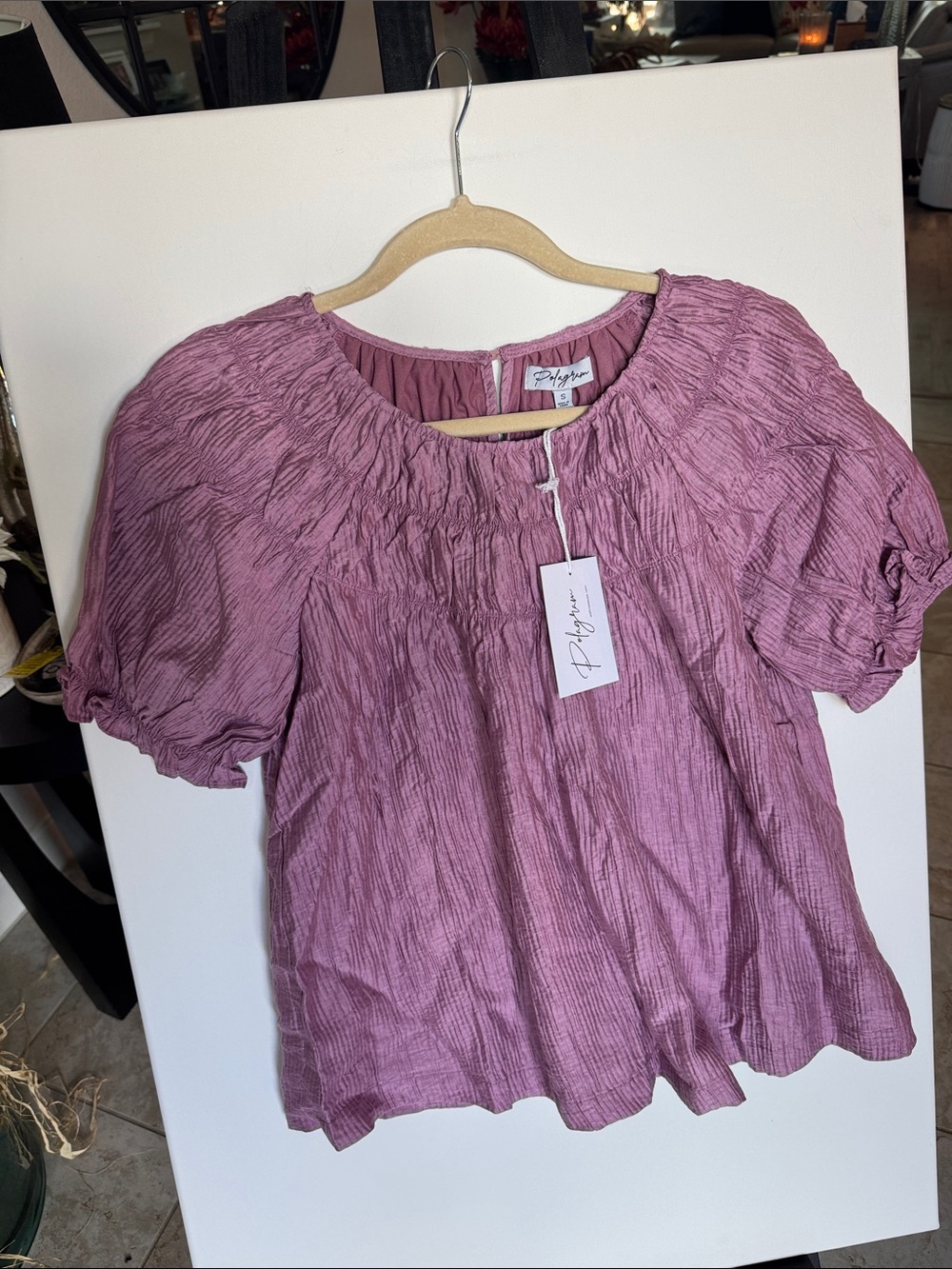 Polagram Dusty Rose Smocked Puff-Sleeve Top NWT